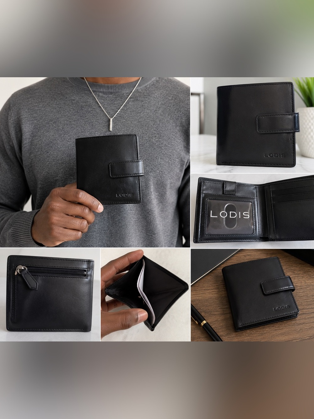 Lodis Black Leather Wallet Card Organizer ID Window Zip Coin Pocket